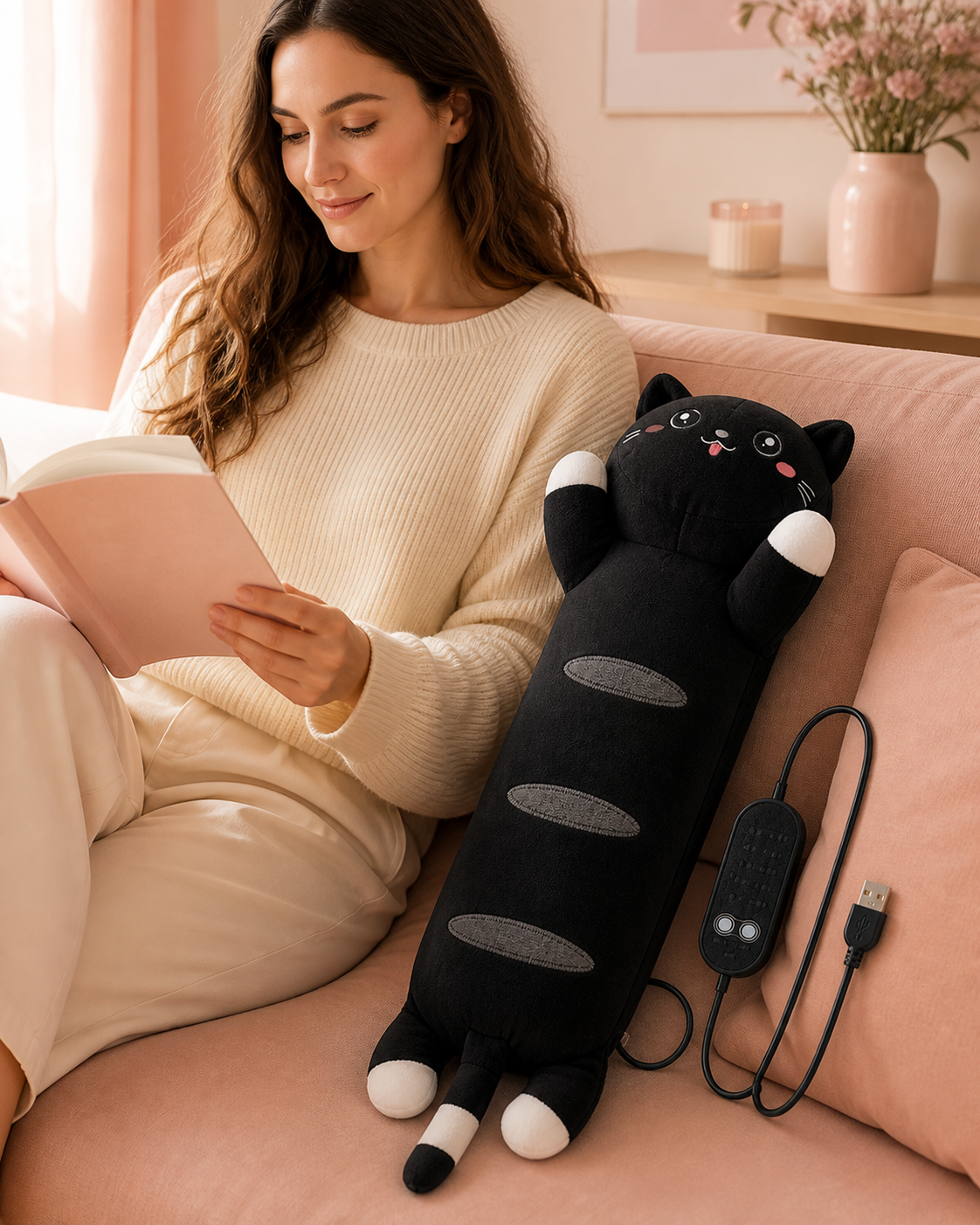 Black Cozy Cat Period Heating Pillow lifestyle image