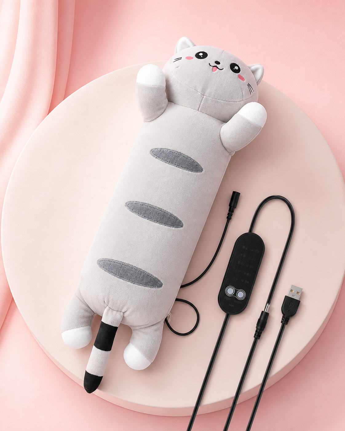 Cozy Cat Period Heating Pillow on a blush pink studio background