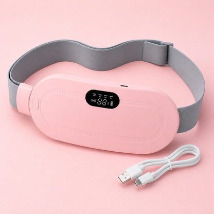 Pink Cozy Heat Period Relief Pad with its USB charging cable on a pale-pink background