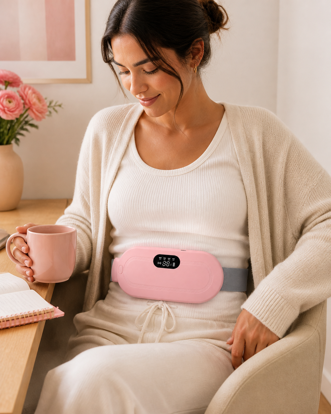 Pink Cozy Heat Period Relief Pad worn during a calm desk routine