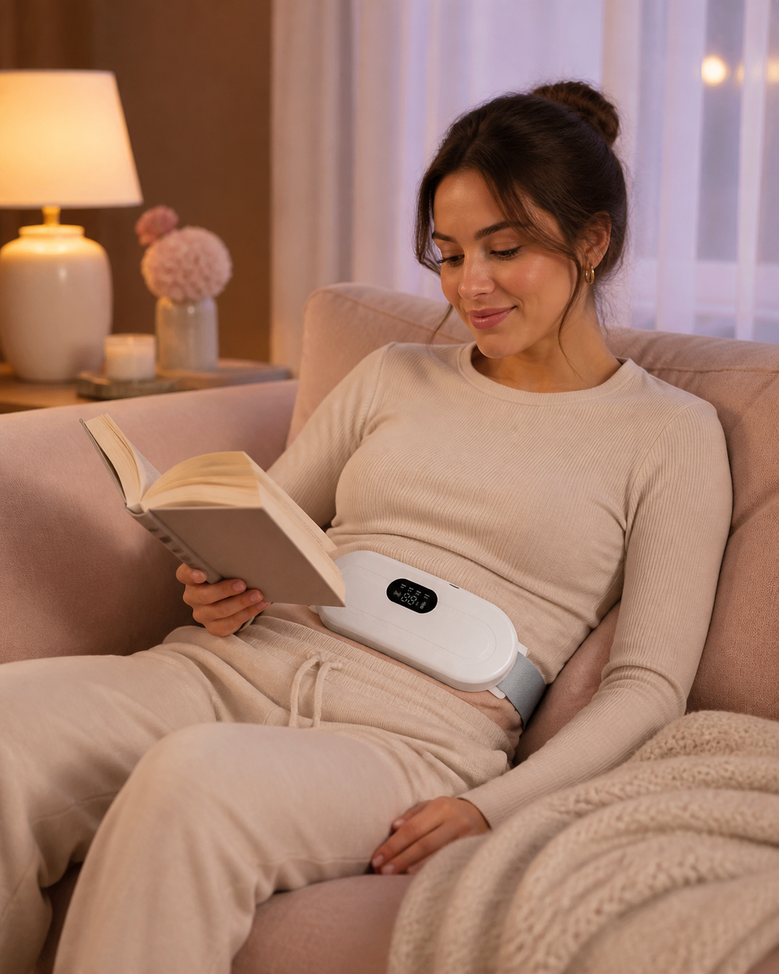 White Cozy Heat Period Relief Pad worn during a quiet evening reading routine
