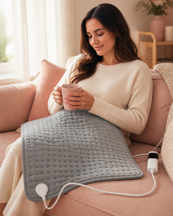 Grey Period Comfort Heated Blanket in a blush home relaxation setting
