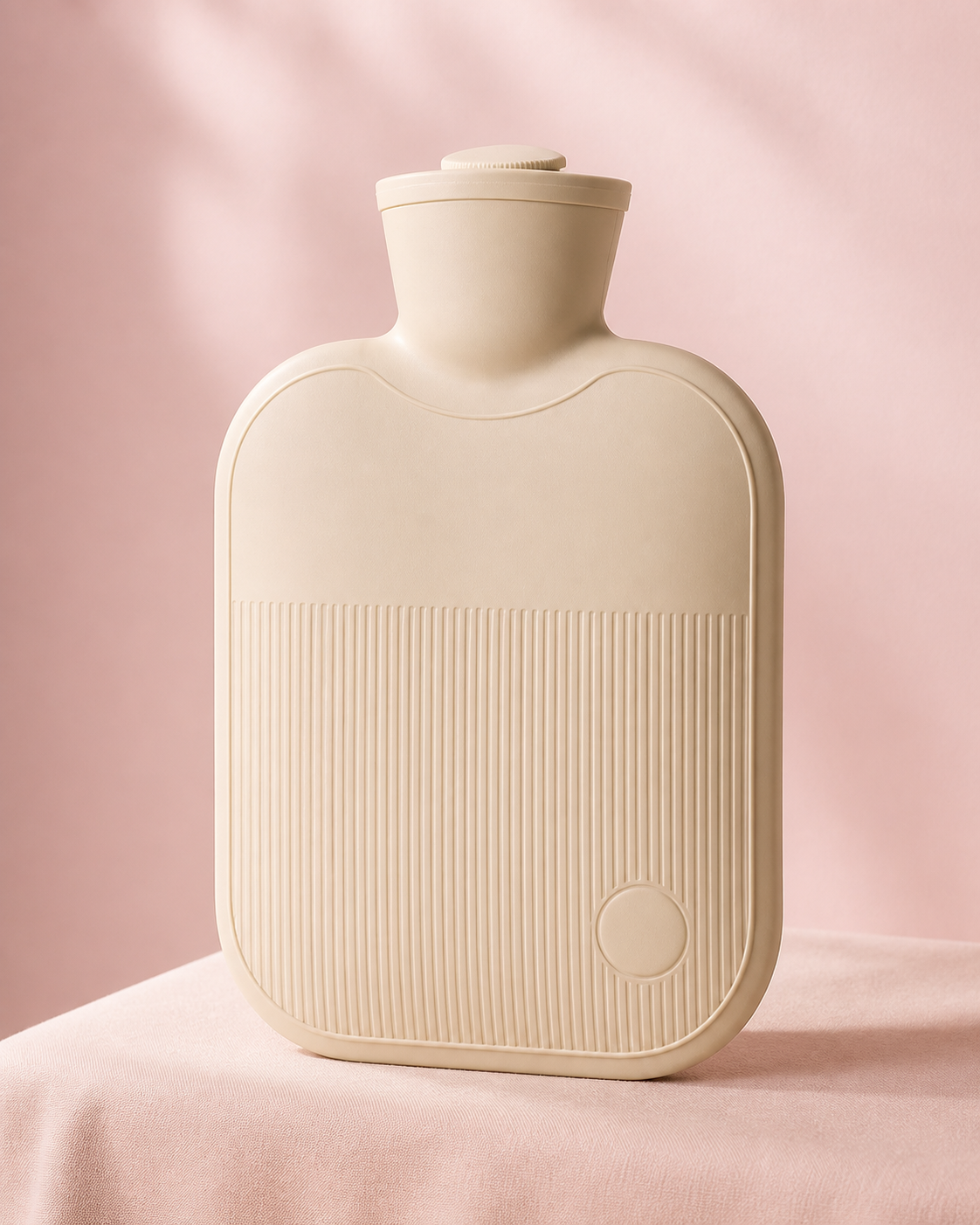 Period Comfort Hot Water Bottle on a blush pink studio background